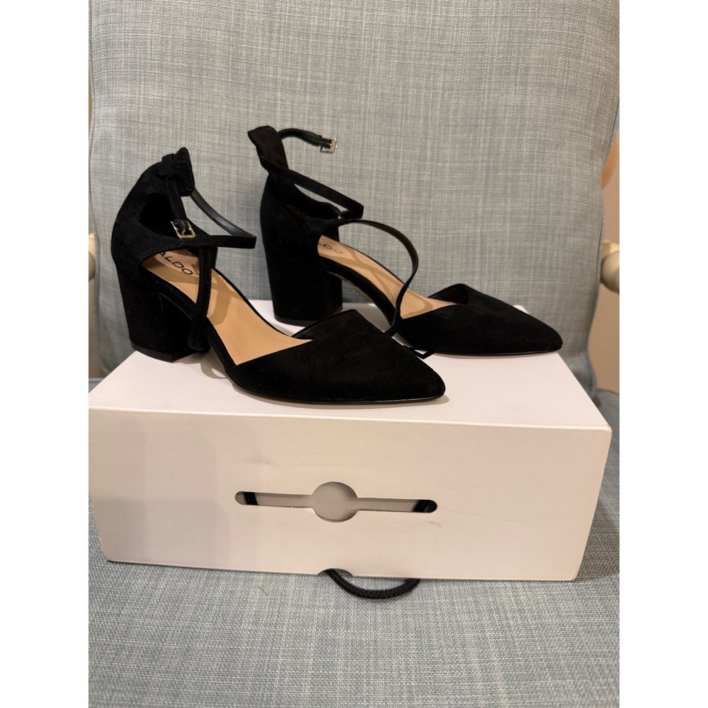Aldo Brookshear Black Suede Block Heel Ankle Strap Pumps Womens Size 6